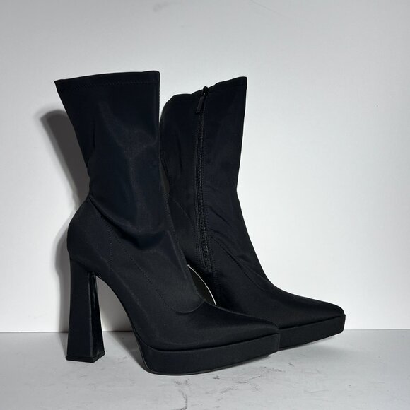 Zara NWOT Stretch Blk Fabric Platform Pointed Toe High Heel Booties Sz. 8 8.5 - Picture 1 of 16